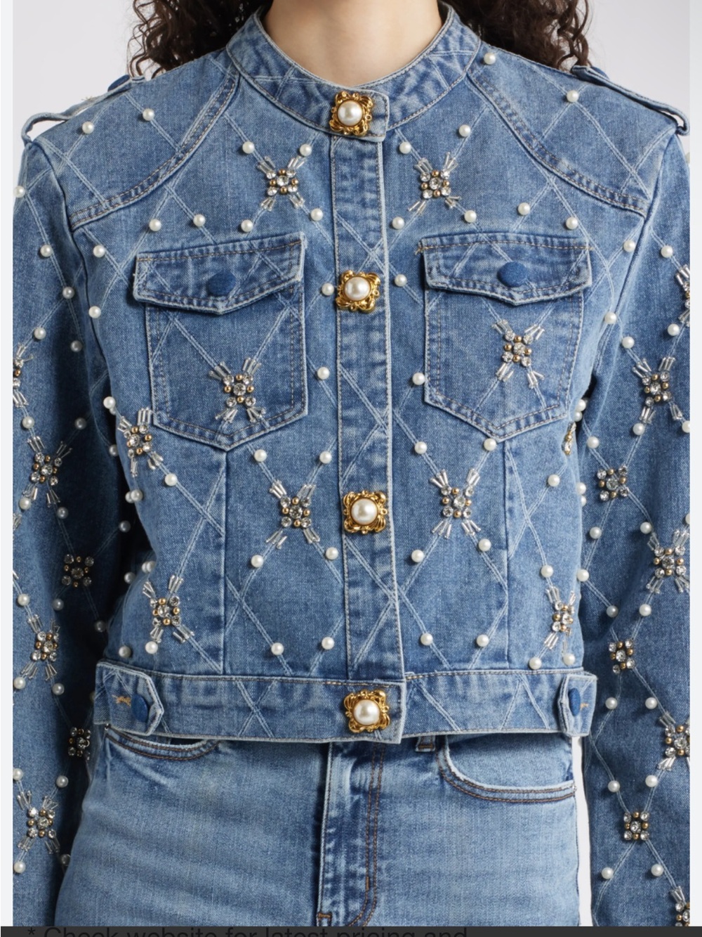 Pearl & Crystal Embellished Denim Jacket EUC